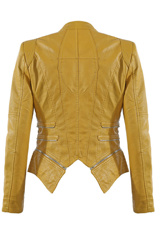 Mustard Double Collar Removable Hem PU Jacket