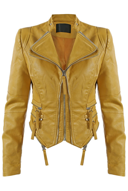 Mustard Double Collar Removable Hem PU Jacket