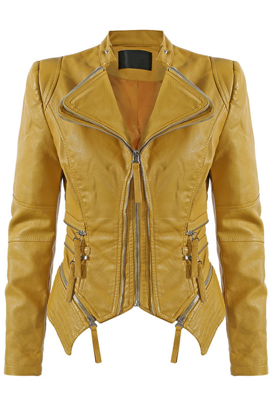 Mustard Double Collar Removable Hem PU Jacket