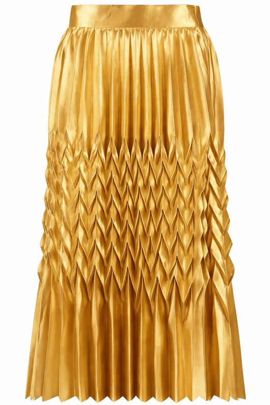 Gold Satin Chevron Pleated Maxi Skirt