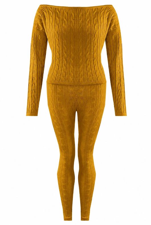 Mustard Cable Knit Off The Shoulder Jumper & Legging Co-Ord