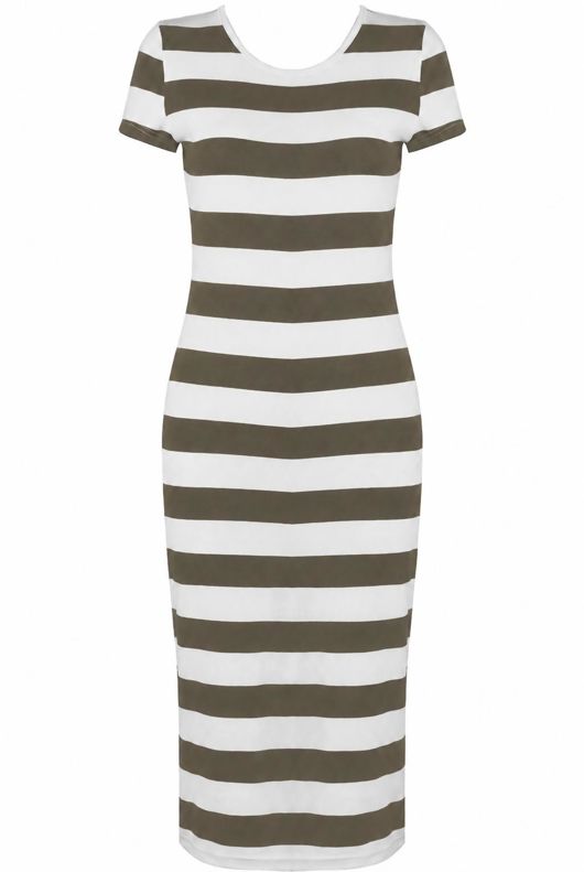Khaki Stripe Short Sleeves Midi Dress
