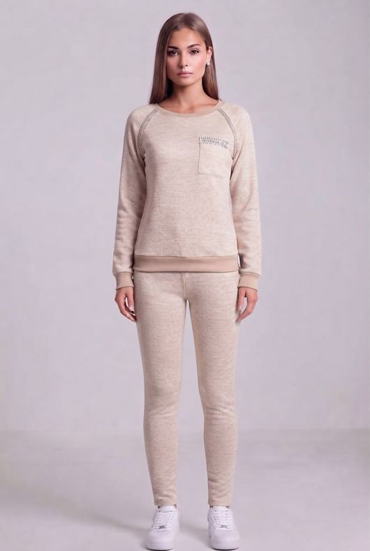 Beige Knitted Stud & Zip Detail Top & Pant Set
