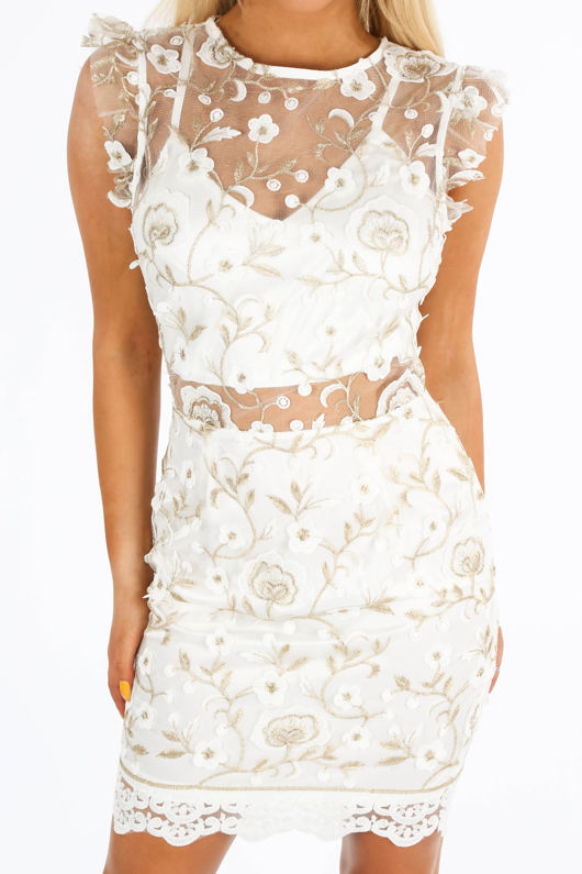 White Embroidered Mini Dress With Sheer Panel