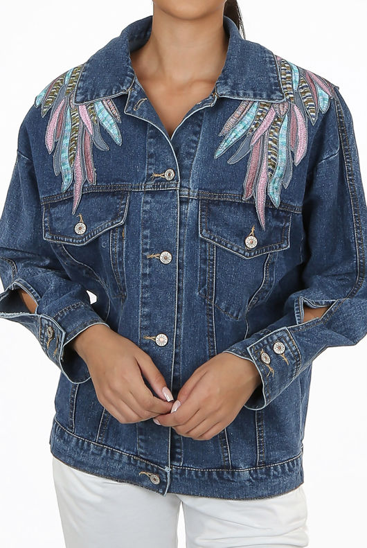Feathered Wing Trim Denim Jacket