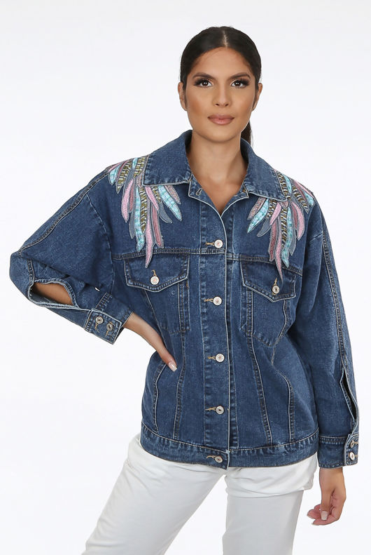 Feathered Wing Trim Denim Jacket