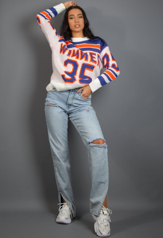 Round Neck Graphic Jumper In Blue