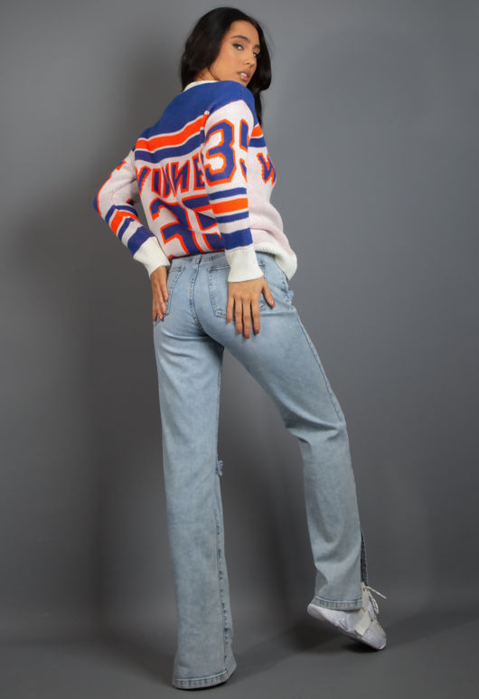 Round Neck Graphic Jumper In Blue