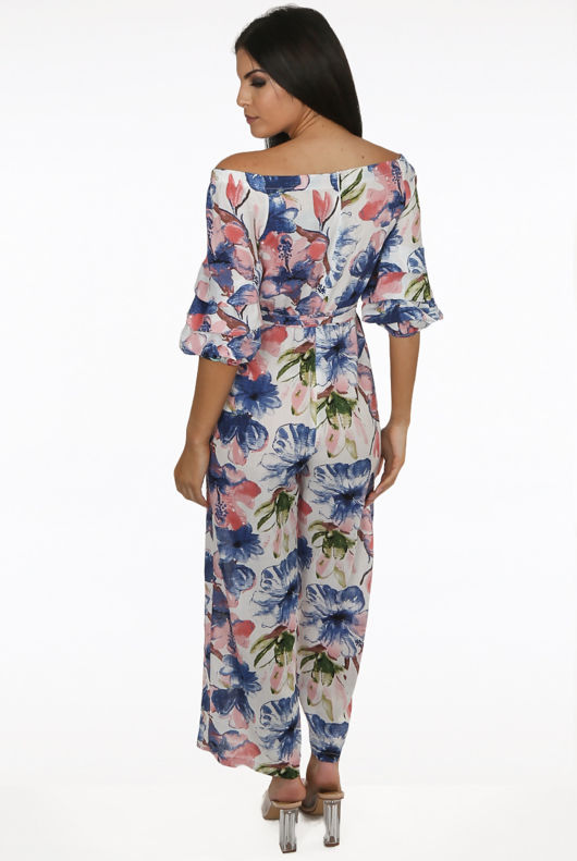 Contrast Floral Print Off Shoulder Jumpsuit