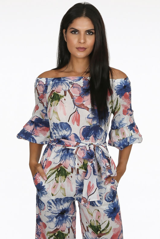 Contrast Floral Print Off Shoulder Jumpsuit