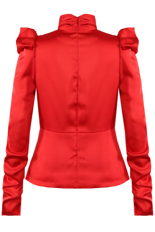 Red Satin Structured Blouse With Neck Tie