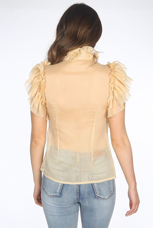 Beige Sleeveless Frilled Sheer Pussy Bow Blouse