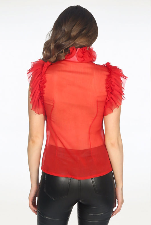 Red Sleeveless Frilled Sheer Pussy Bow Blouse