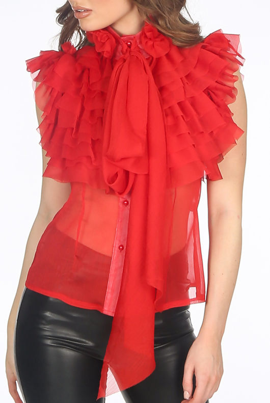 Red Sleeveless Frilled Sheer Pussy Bow Blouse