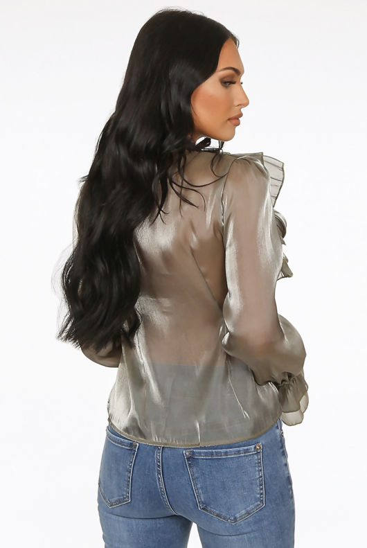 Khaki Frilled Front Knot High Neck Blouse