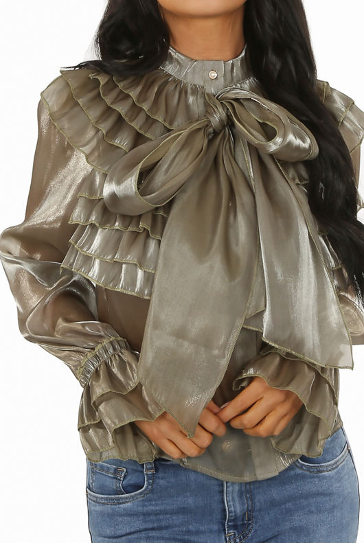 Khaki Frilled Front Knot High Neck Blouse