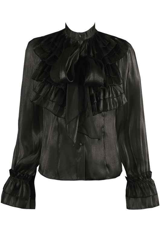 Black Frilled Front Knot High Neck Blouse