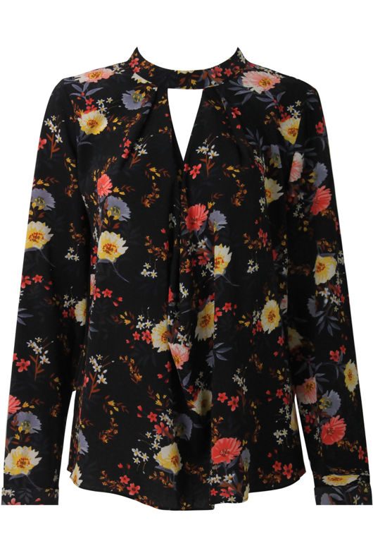Black Cut Out Neck Floral Blouse