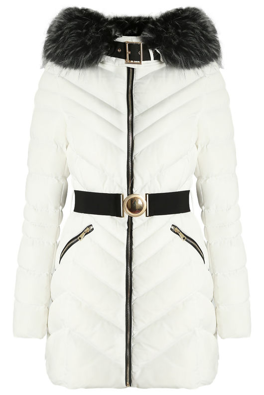 White Quilted Black Fur Hood Puffer Jacket