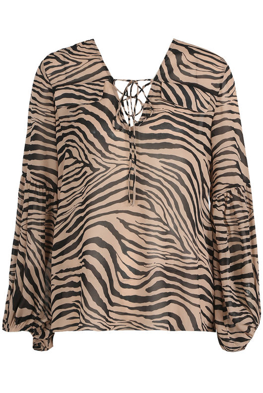 Camel Zebra Print Front Knotted Blouse