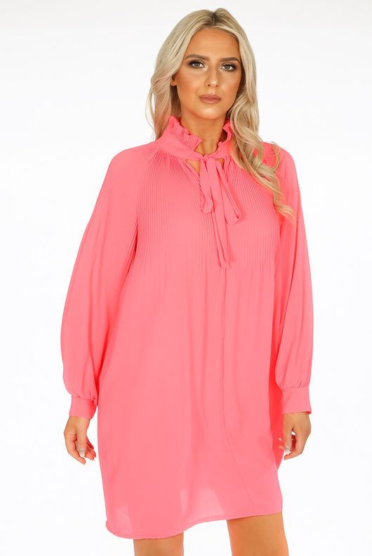 Fuchsia Ruched Tie Up Neck Dress