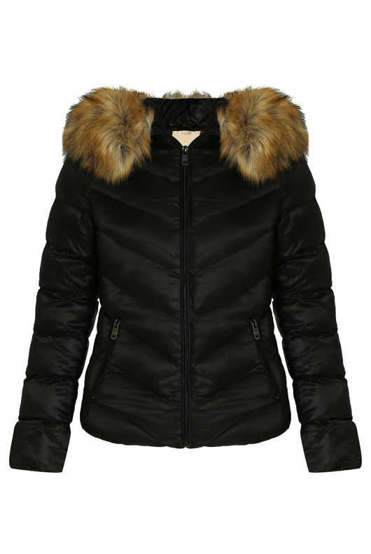 Black Quilted Jacket with Fur Hood