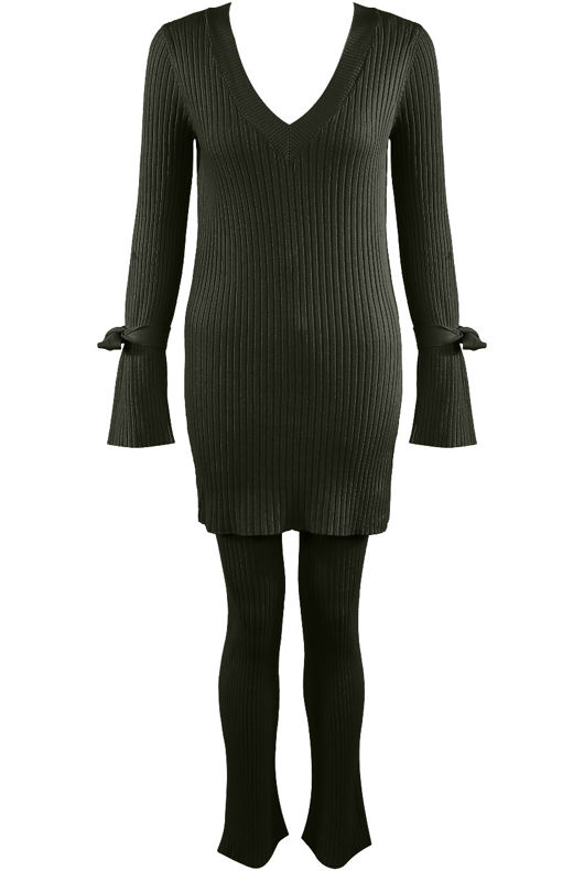 Khaki Ribbed V Neck Jumper & Legging Loungewear Set