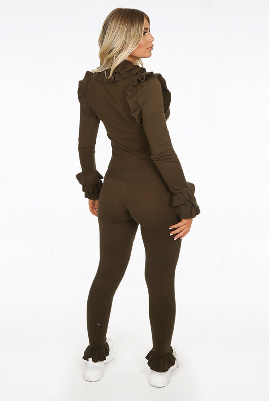 Khaki Ruffles Trim Ribbed Loungewear