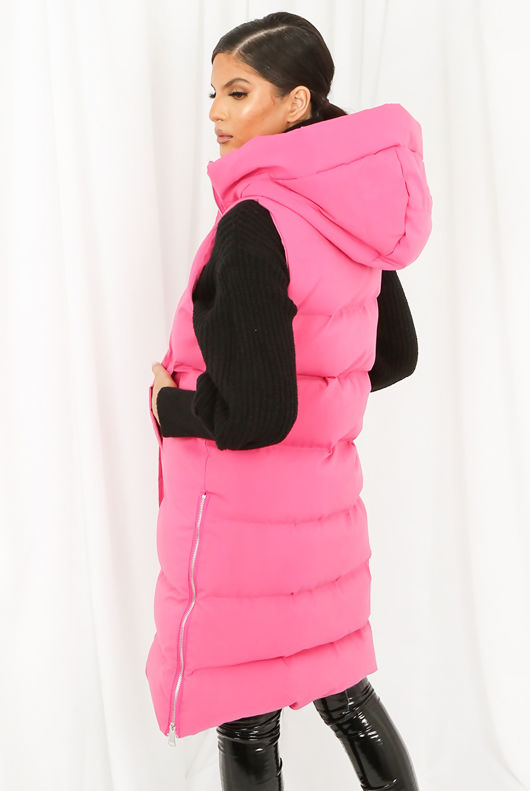Fuchsia Longline Puffer Gilet with Hood 