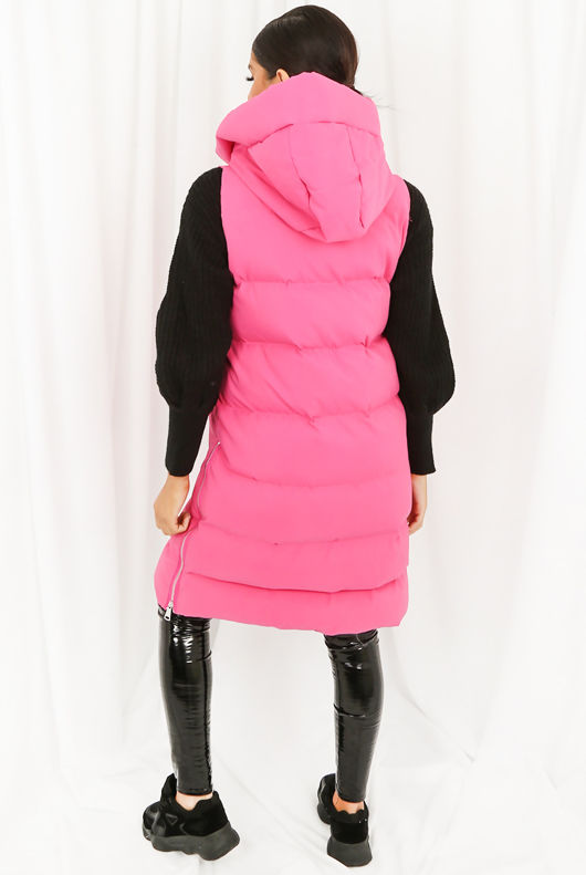 Fuchsia Longline Puffer Gilet with Hood 