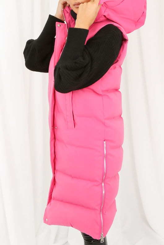 Fuchsia Longline Puffer Gilet with Hood 
