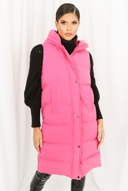 Fuchsia Longline Puffer Gilet with Hood 