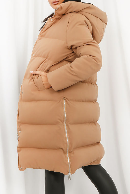 Camel Hooded Longline Puffer Coat