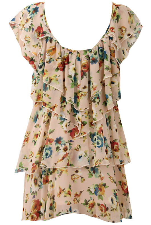 Beige Floral Printed Ruffle Dress