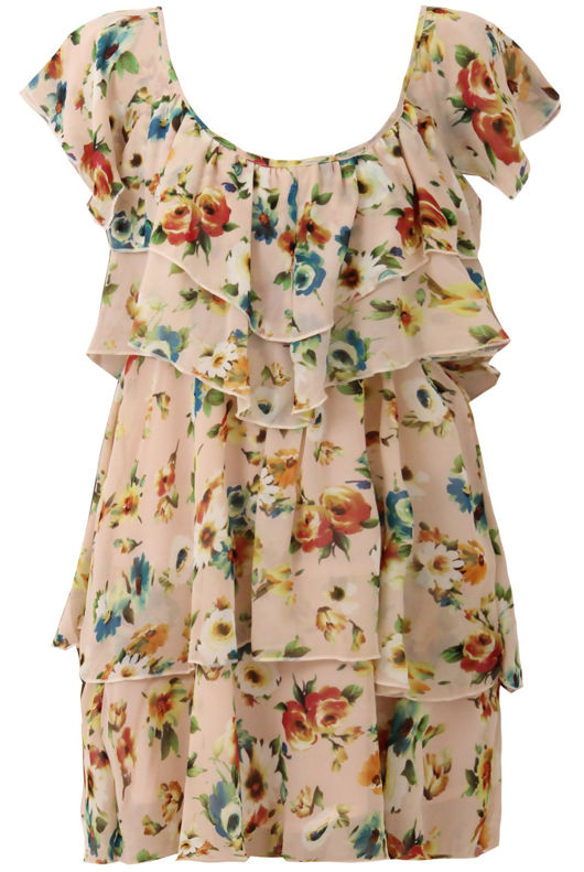 Beige Floral Printed Ruffle Dress
