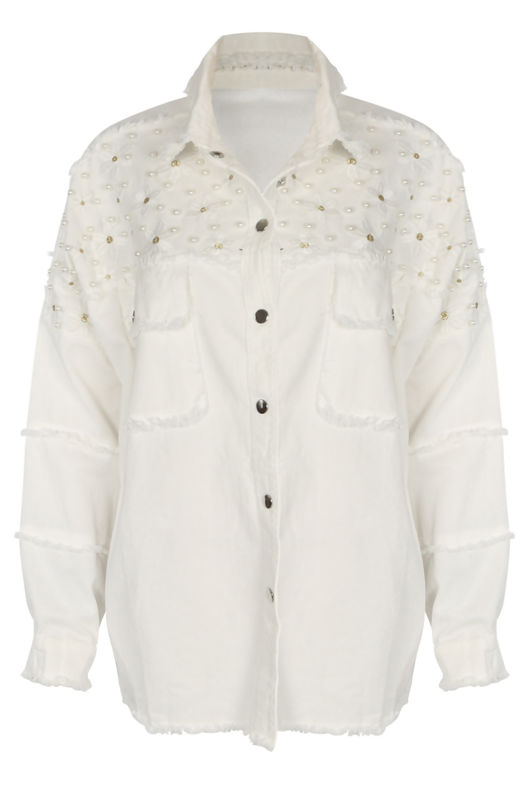 Embroidered Frayed Denim Shacket 