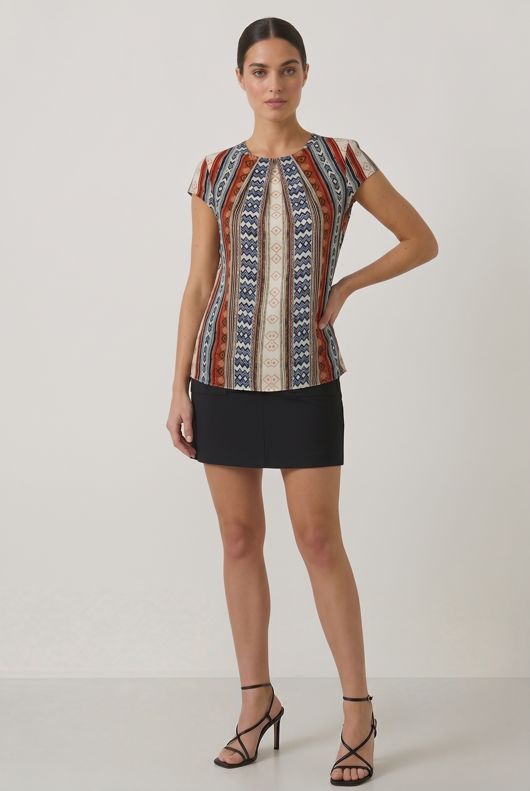 Cream Aztec Print Back Lace Textured Tops 