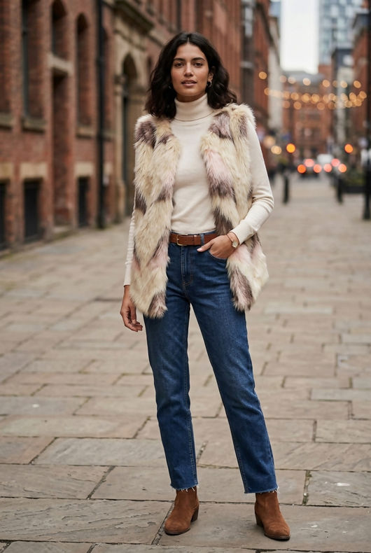 Beige Zig Zag Shaggy Fur Gilet