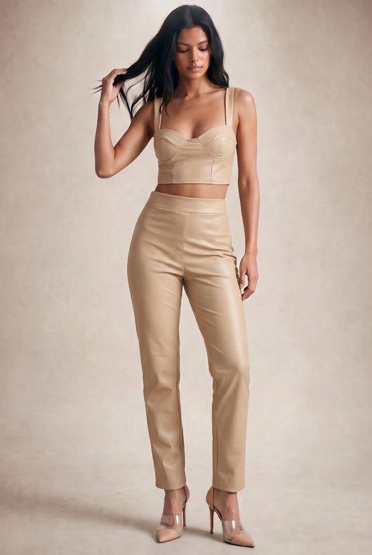 Beige PU Crop Top And Trouser Set