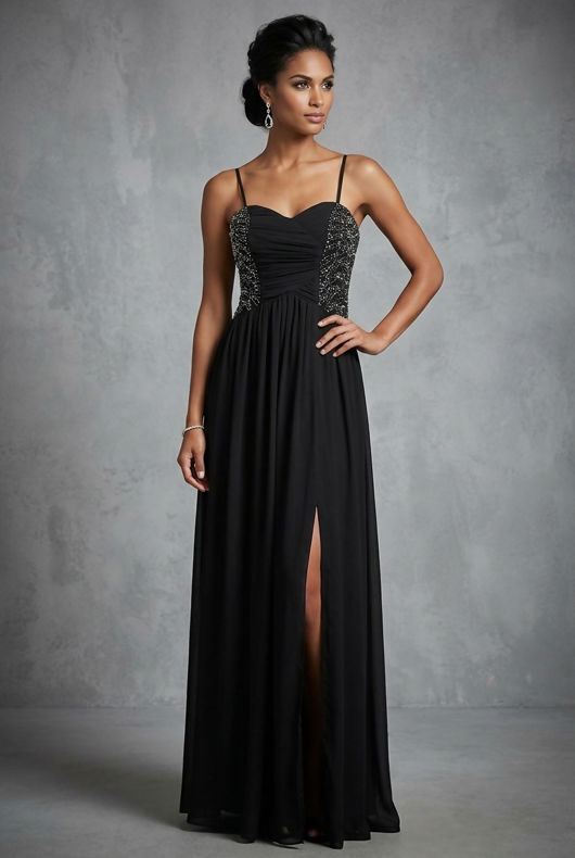 Black Diamante Stud Detailed Front Slit Maxi Dress