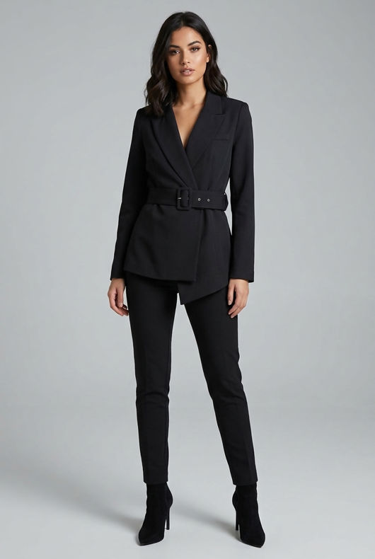 Black Asymmetric Belted Blazer