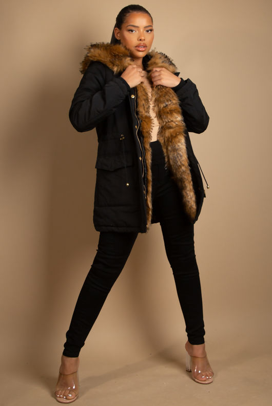 Fur Trim Hooded Jacket in Black
