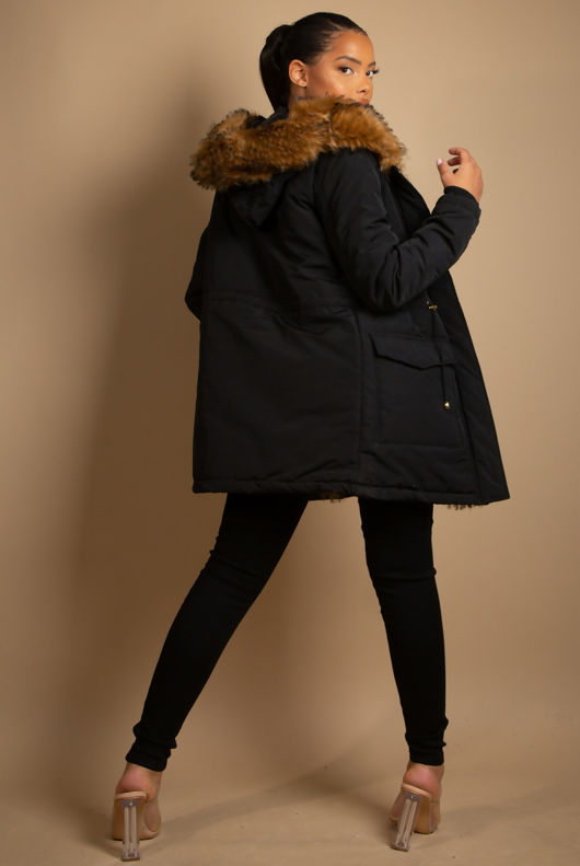Fur Trim Hooded Jacket in Black