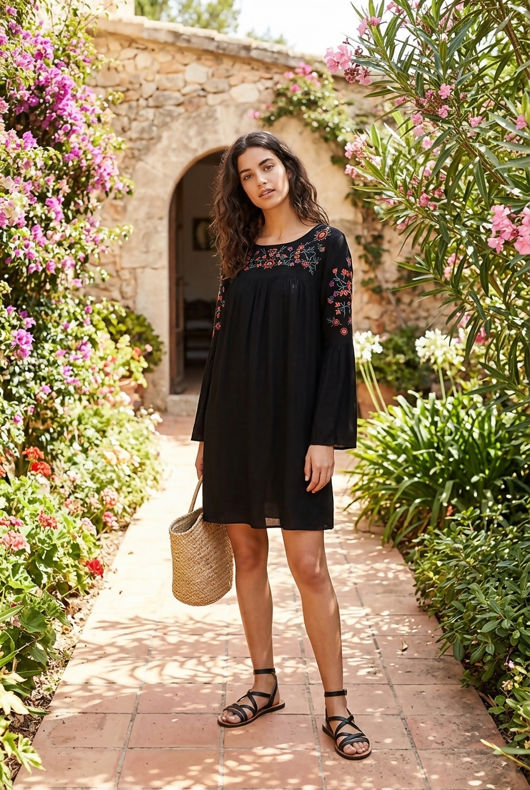 Black Floral Embroidered Shift Dress 