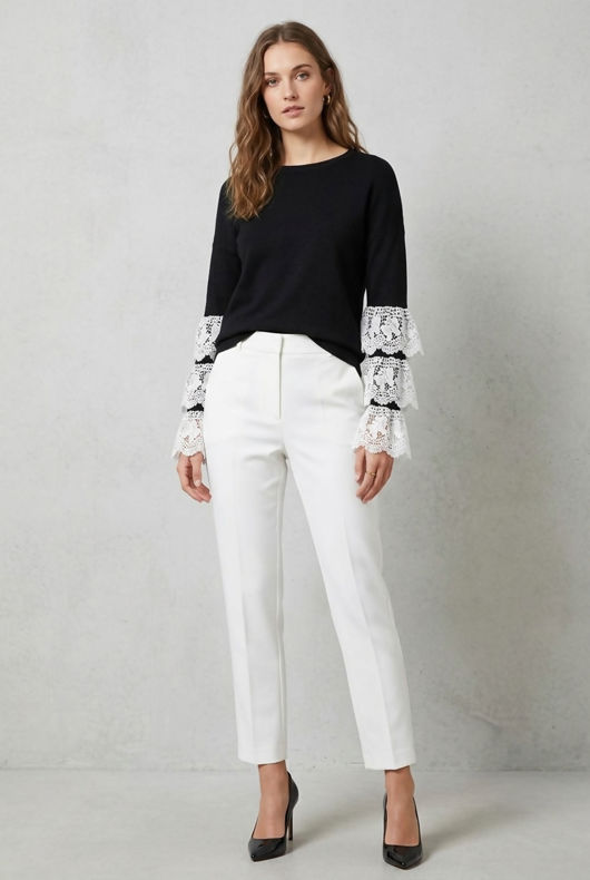 Black Layered Lace Bell Sleeve Jumper 
