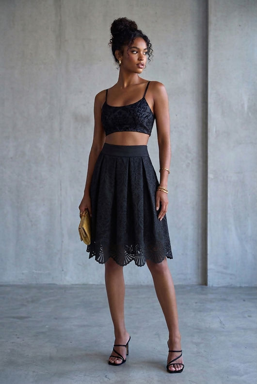 Black Lace Chiffon Lined Flare Skirt