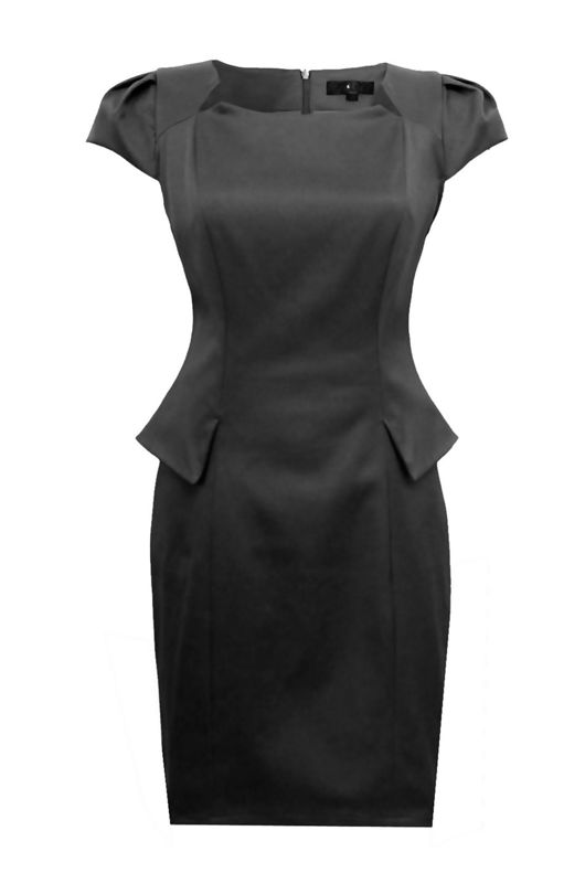 Black Cotton Satin Puffed Sleeves Peplum Dress