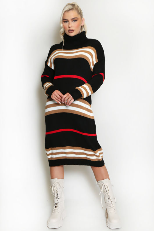 Black Stripe Roll Neck Jumper Dress