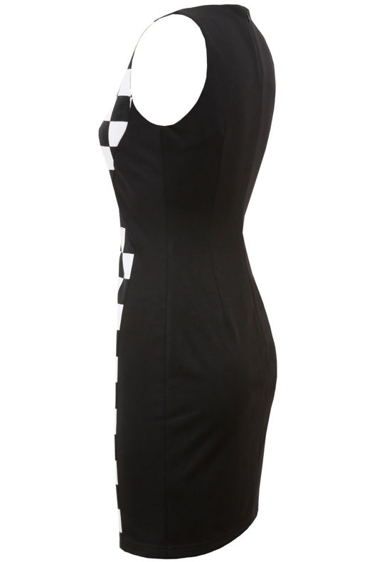 Black & White Checkered Front  Panel Sleeveless Dress