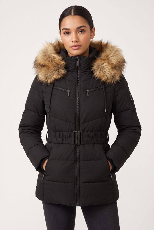 Navy Quilted Natural Fur Puffer Jackets